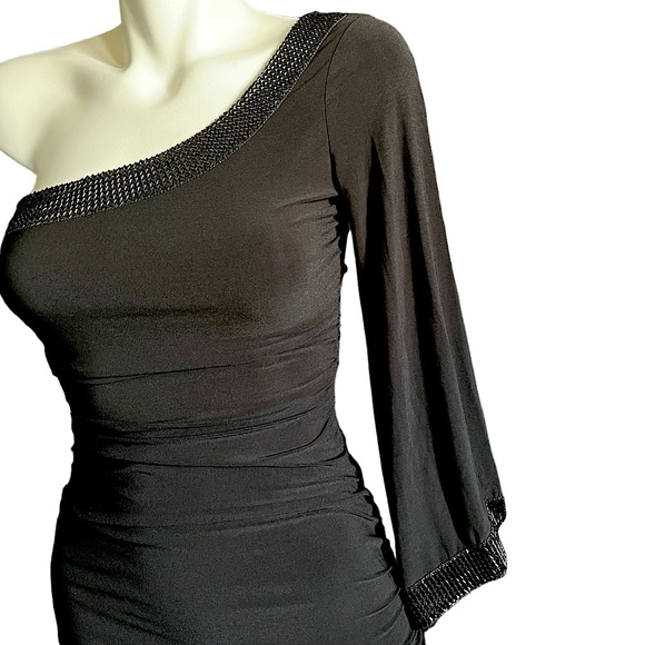 One Shoulder Long Sleeve Black Dress. Size Small - Picture 3 of 4